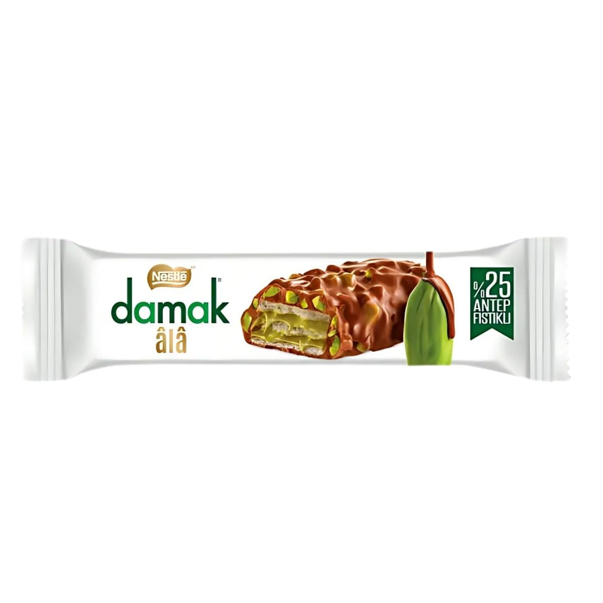 A Damak Milk Chocolate Wafer Bar with pistachio illustration is wrapped, partially cut to reveal its delectable, rich sweet allure.