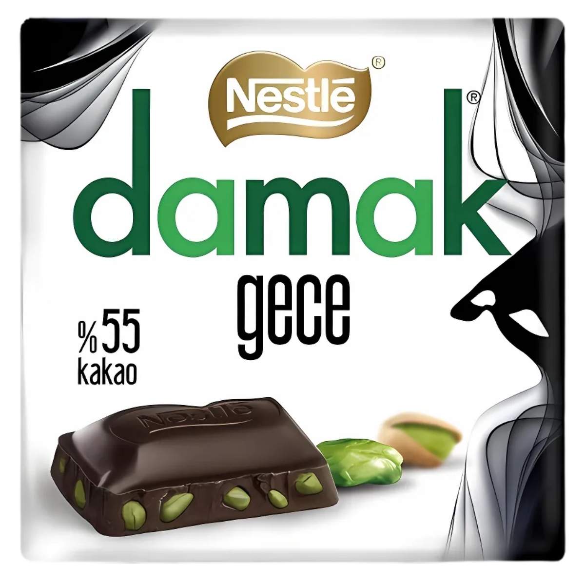 The packaging of the Damak - Dark Chocolate with Pistachios - 60g highlights its rich flavor blend of pistachios and 55% dark chocolate, adorned with sophisticated green and black design elements.