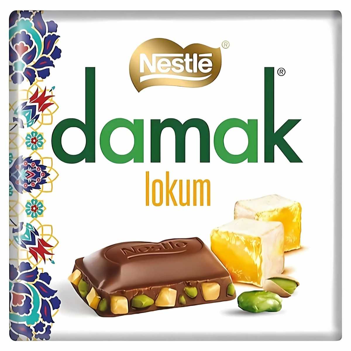 Damak - Fine Chocolate With Pistachios And Turkish Delights (60g) features elegant packaging that highlights pistachios and Turkish delight cubes, encased in a decorative patterned border that promises rich chocolate pleasures.