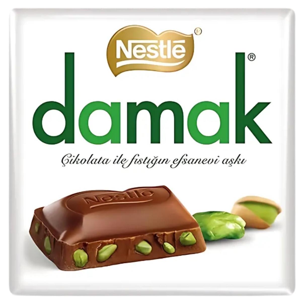 The Damak - Fine Chocolate with Pistachios (60g) package features the text: "Çikolata ile fıstığın efsanevi aşkı," highlighting visible pistachios that celebrate their legendary love story.