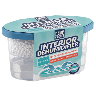 The Damp Catcher - Interior Dehumidifier Unscented (180g) by Damp Catcher is a plastic container filled with white absorbent beads, designed to reduce mold, damp, and condensation.