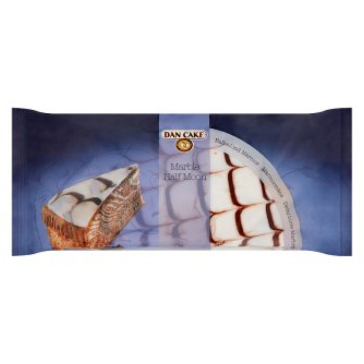 Packaging of the Dan Cake - Marble Half Moon - 350g, a delightful treat featuring an image of the cake adorned with wavy chocolate and vanilla stripes on top.