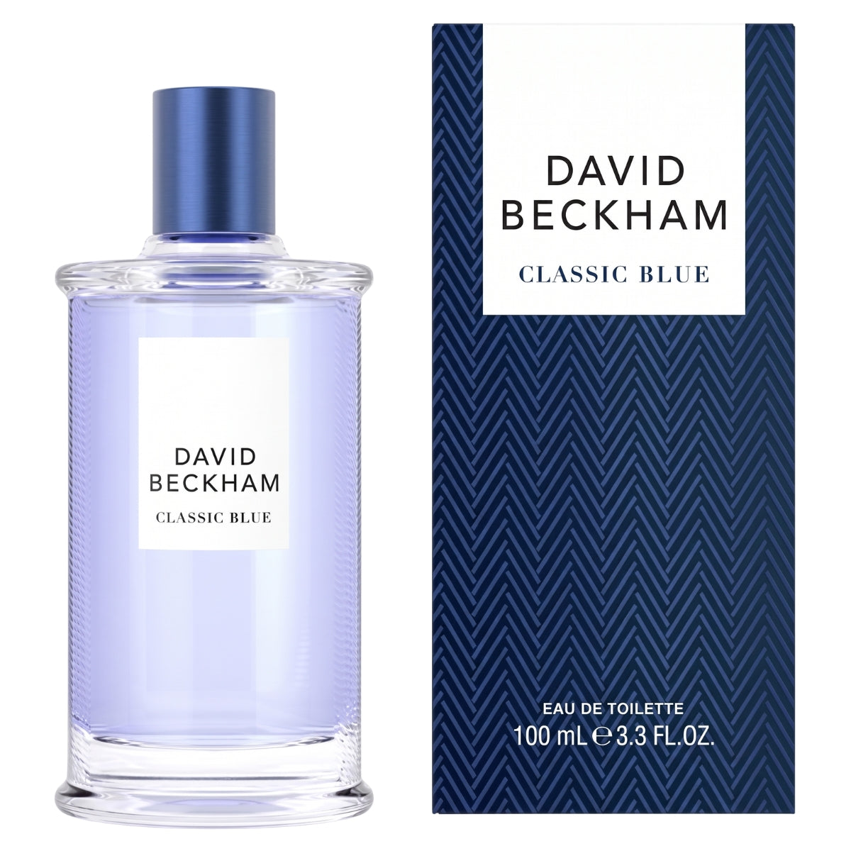 A clear bottle of David Beckham - Classic Blue Eau De Toilette (100ml) is displayed next to its blue box packaging.