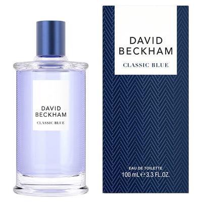A clear bottle of David Beckham - Classic Blue Eau De Toilette (100ml) is displayed next to its blue box packaging.