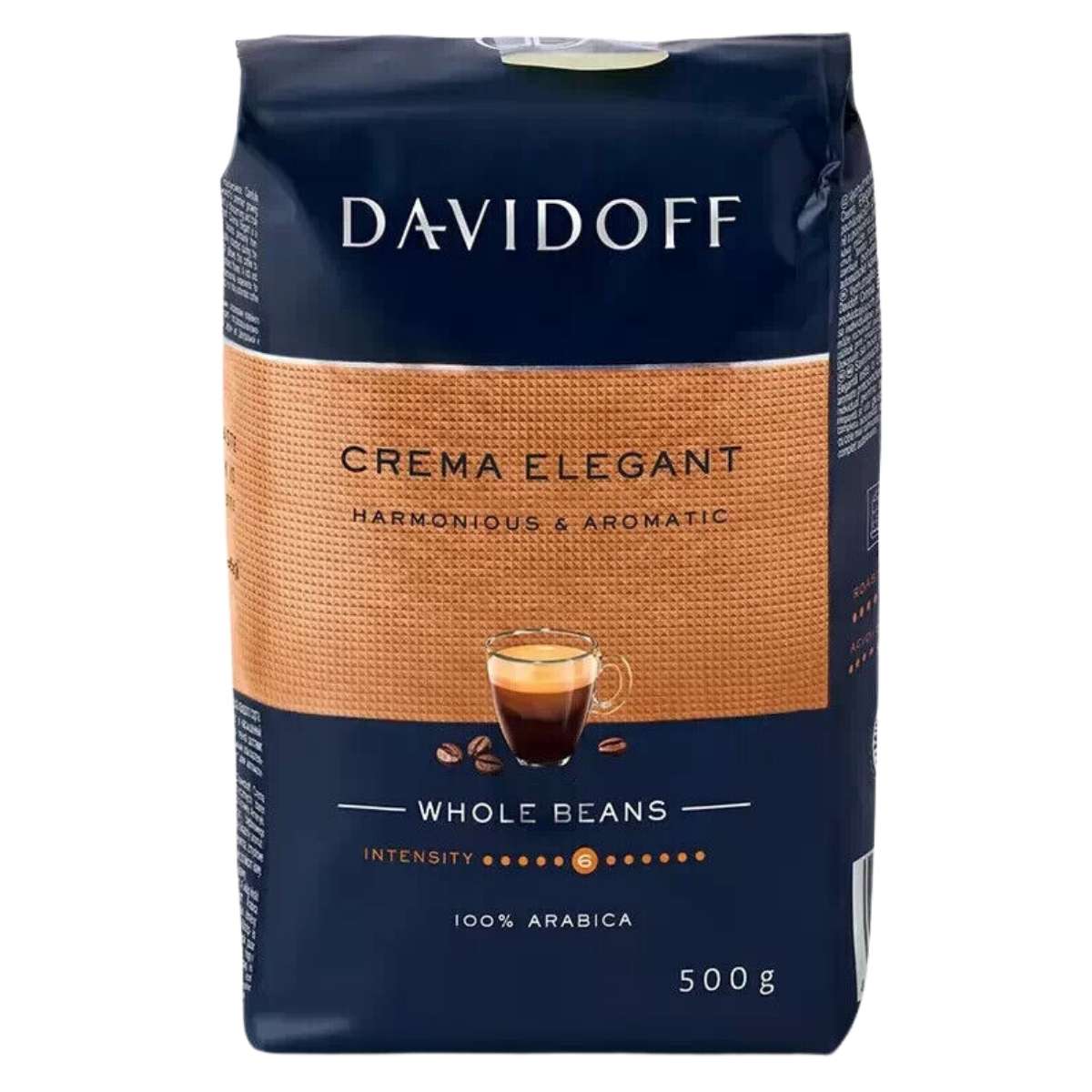 The Davidoff - Crema Elegant Coffee Beans, 500g, package features a coffee cup image and highlights its "harmonious & aromatic" nature, crafted from 100% Arabica. It's perfect for anyone desiring refined intensity from Davidoff.