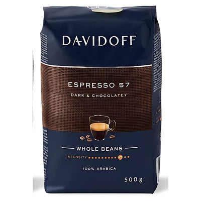 Davidoff's Dark And Chocolatey Whole Beans, 500g, feature on the label "Dark & Chocolatey" with a 4/6 intensity. Made from 100% Arabica, the package shows a small coffee cup surrounded by rich beans.
