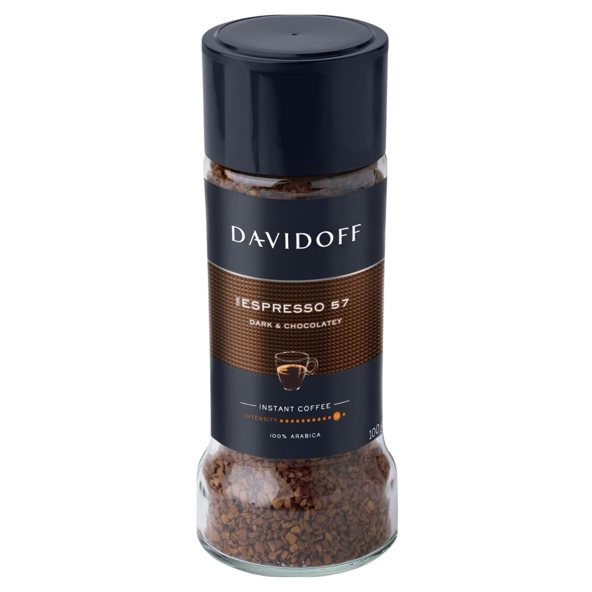 Davidoff Espresso 57 Instant Coffee (90g) features "dark & chocolatey" and "100% Arabica" on the label, a black lid, and a clear section that displays rich coffee granules.