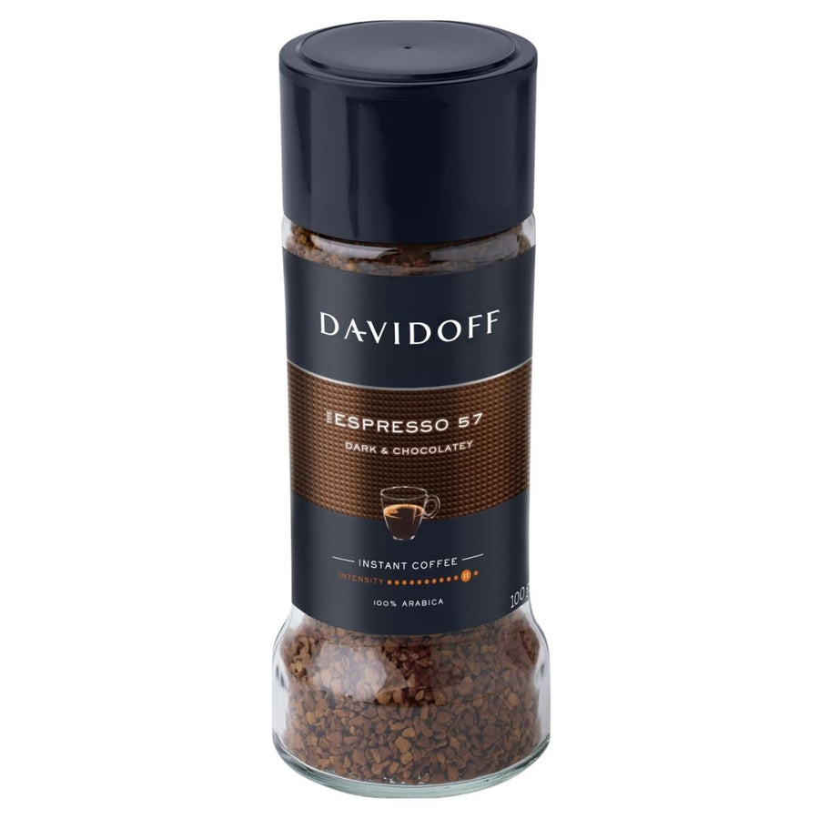 Davidoff Espresso 57 Instant Coffee (90g) features "dark & chocolatey" and "100% Arabica" on the label, a black lid, and a clear section that displays rich coffee granules.