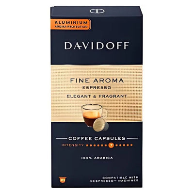 Davidoff Fine Aroma Espresso Coffee Capsules, 55g—crafted from premium Arabica beans, intensity level 7, and compatible with Nespresso machines.