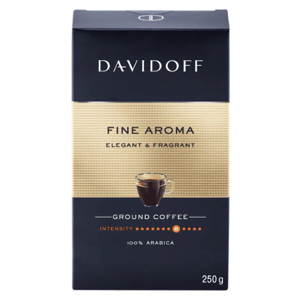 Davidoff - Fine Aroma Ground Coffee - 250g features a sleek black and gold design with a coffee cup image. Made from 100% Arabica beans, this premium blend provides an exquisite taste experience.