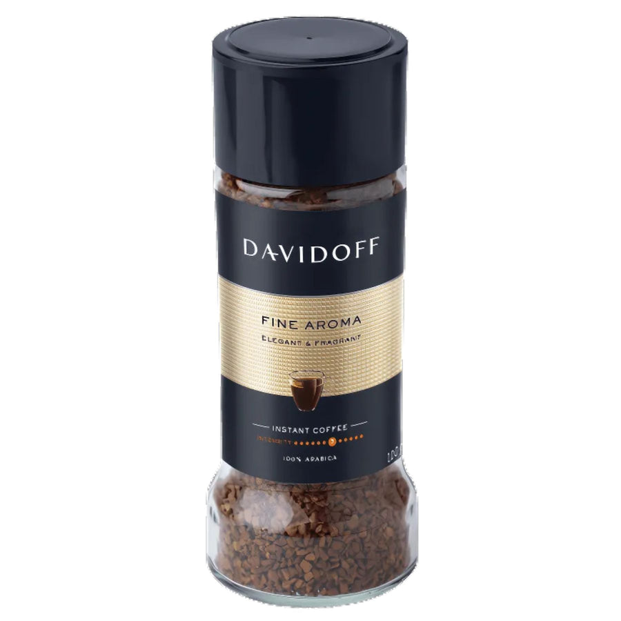 A 90g jar of Davidoff Fine Aroma Instant Coffee with a black lid and gold label, featuring a coffee cup graphic and 100% Arabica coffee.