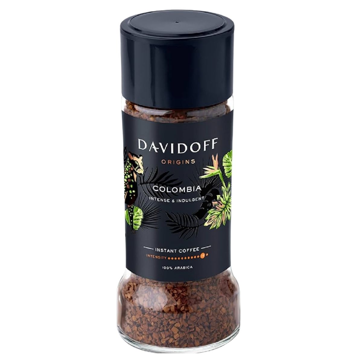 A 90g jar of Davidoff Intense & Indulgent Colombia Instant Coffee with a black label featuring green and yellow leaf illustrations.