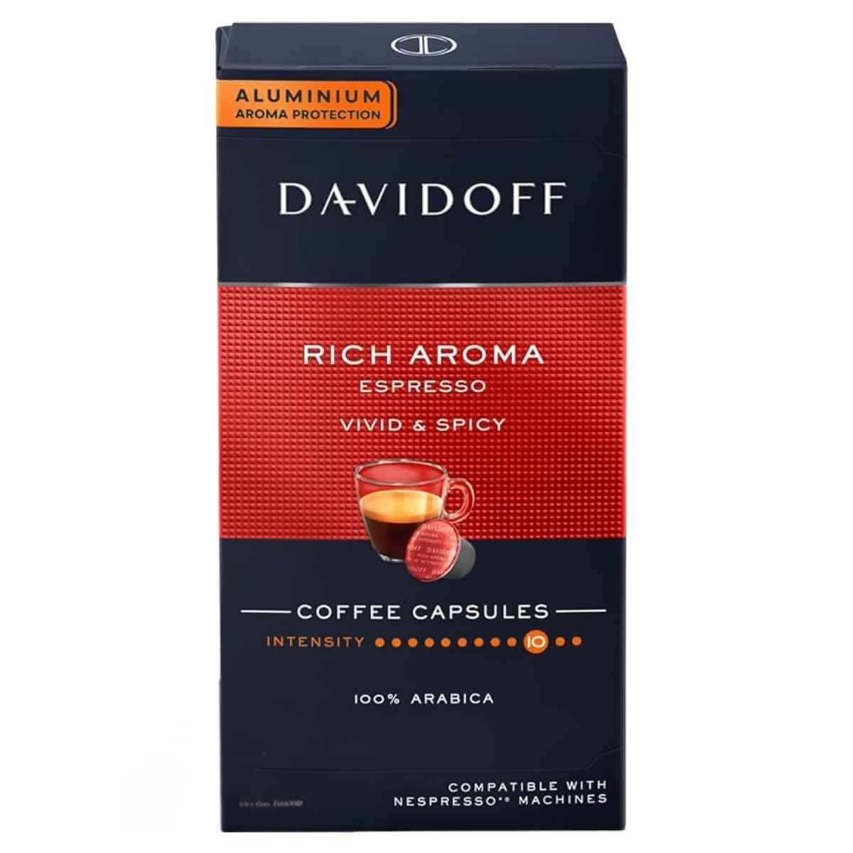Box of Davidoff Rich Aroma Espresso coffee capsules on a white background