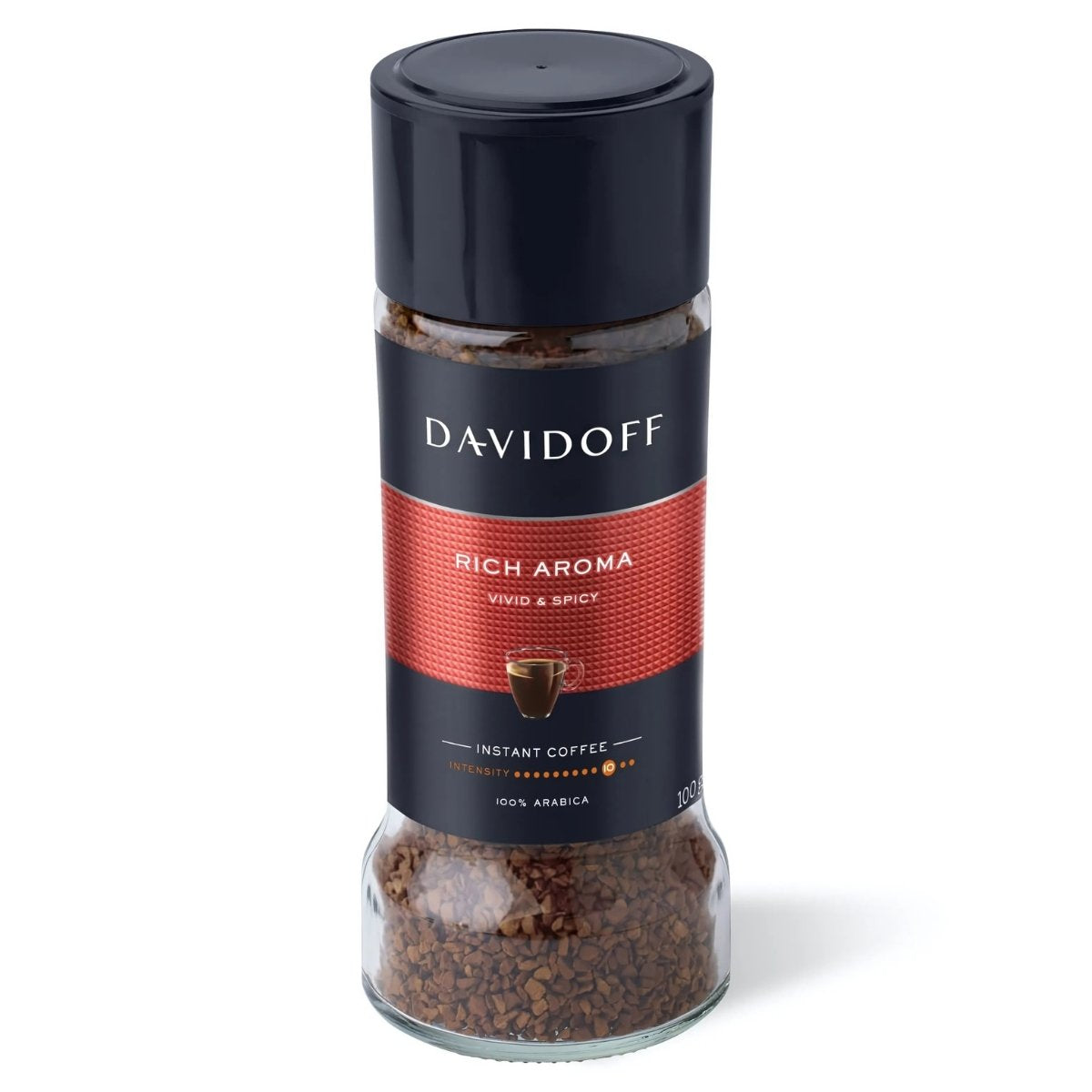 The Davidoff - Rich Aroma Instant Coffee (100g) features a black lid and label with "Rich Aroma: Vivid & Spicy." It's crafted from 100% Arabica beans with an intensity level of 5.