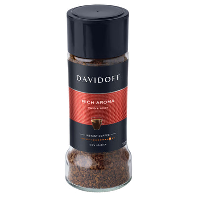 Davidoff - Rich Aroma Instant Coffee 90g comes in a jar with a black lid and red label featuring a coffee cup, ideal for those who enjoy bold, rich aroma coffee.