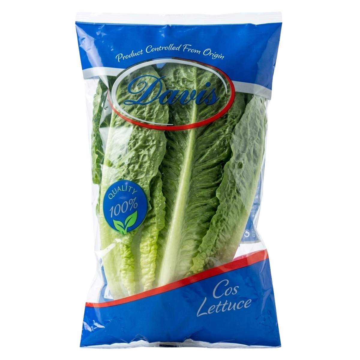 A sealed plastic bag labeled "Davis - Cos Lettuce - 1Pack" from Davis contains fresh, crisp lettuce leaves, perfect for salads.
