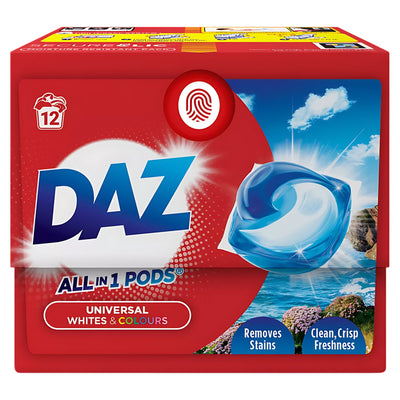 Daz - All-in-1 Pods Washing Liquid Capsules, 12 Washes (200.4g): Red box with pod image, for whites and colours, offering effective stain removal and long-lasting freshness.