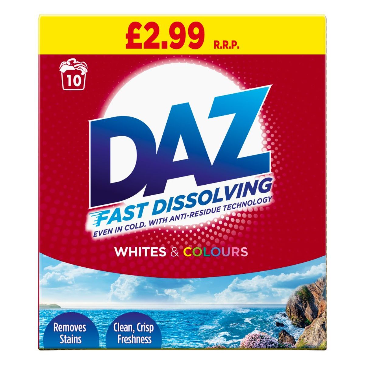 Box of Daz Washing Powder - 600g, advertising fast dissolving action for whites and colors, priced at £2.99.