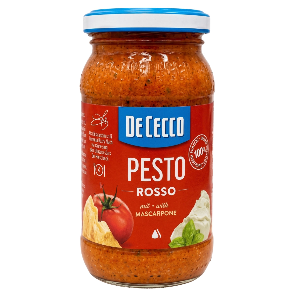 A 200g glass jar of Dececco Rosso Pesto, featuring a red label with tomato, cheese, and pasta illustrations, and topped with a blue lid.