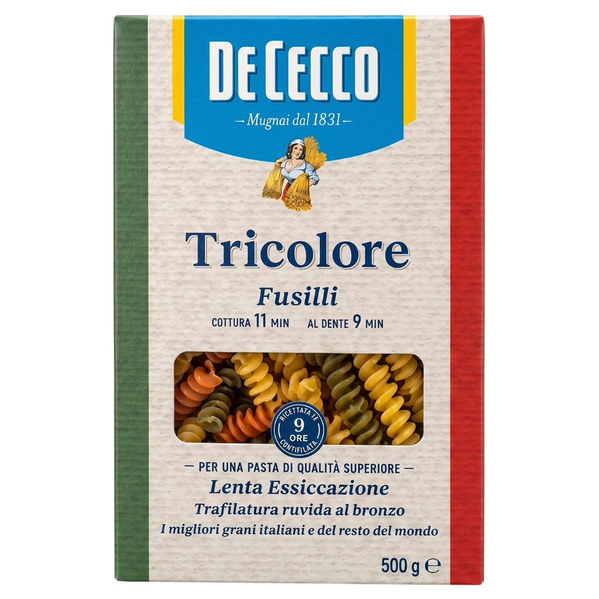 A 500g box of De Cecco Tricolore Fusilli pasta, featuring the classic Italian flag color scheme of green, white, and red on the packaging, with a clear window showing the multi-colored spiral pasta inside.
