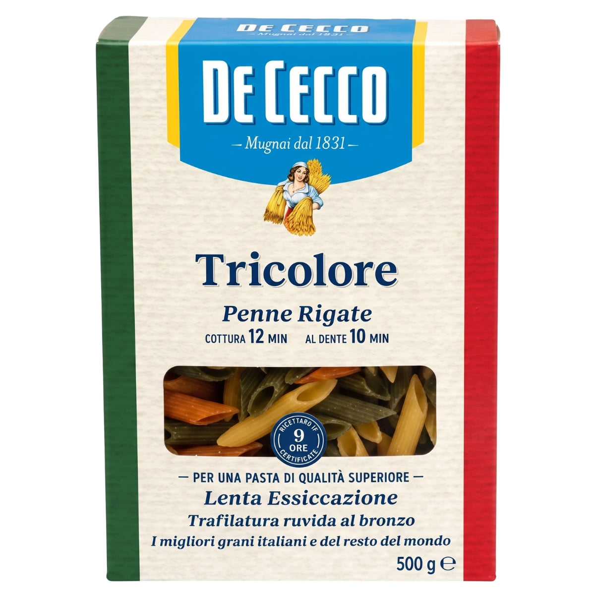 A 500g package of De Cecco Tricolore penne rigate pasta, featuring the brand's signature blue, green, and red vertical stripes on a cream-colored background with a clear window showing the pasta inside.