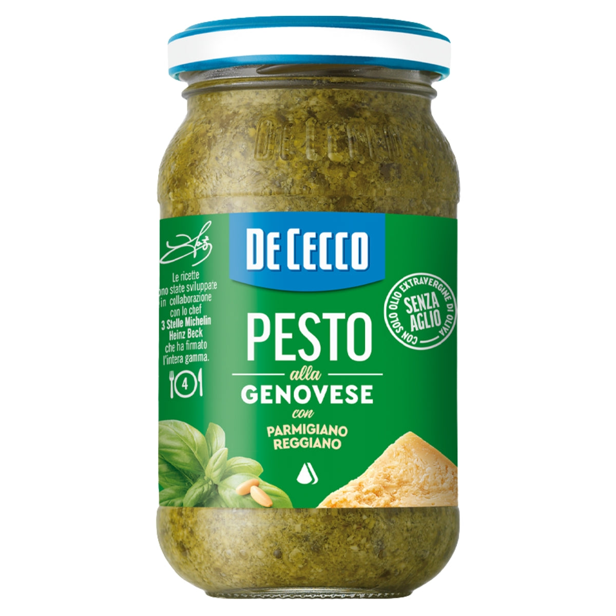A jar of De Cecco Pesto alla Genovese with Parmigiano Reggiano, featuring a green label and a blue and white lid, set against a plain white background.