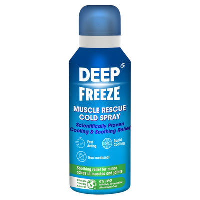 A 72.5ml can of Deep Freeze Muscle Rescue Cold Spray delivers fast-acting relief and rapid cooling for minor muscle and joint aches.