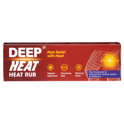 The Deep Heat - Heat Rub - 67g box clearly displays the Deep Heat brand, claims for muscular pain and arthritis relief, targeted application, penetrating heat, and pain relief information on its packaging.