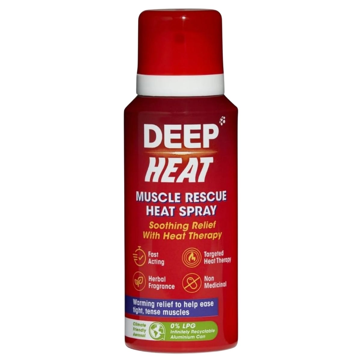 Red bottle of Deep Heat Muscle Rescue Heat Spray on a white background