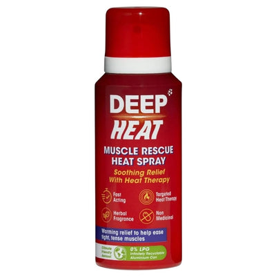 Red bottle of Deep Heat Muscle Rescue Heat Spray on a white background