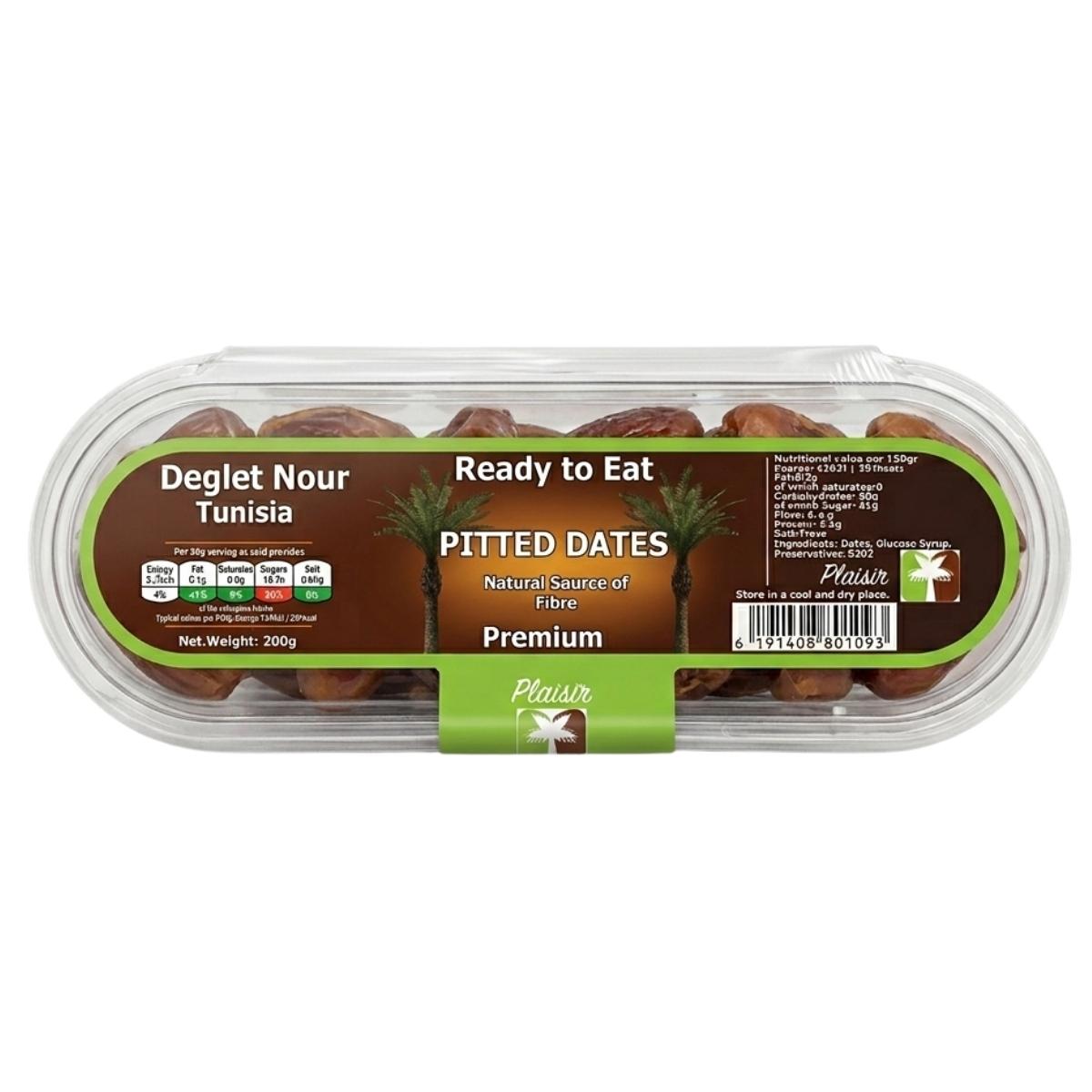 Packaged 200g pitted dates with a clear lid on a white background