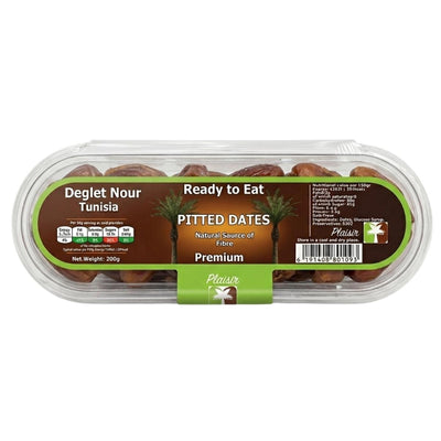 Packaged 200g pitted dates with a clear lid on a white background