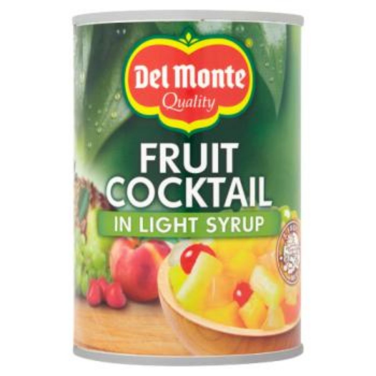 A 420g can of Del Monte - Fruit Cocktail in Light Syrup, displaying an illustration of mixed fruit in a wooden bowl on its label.