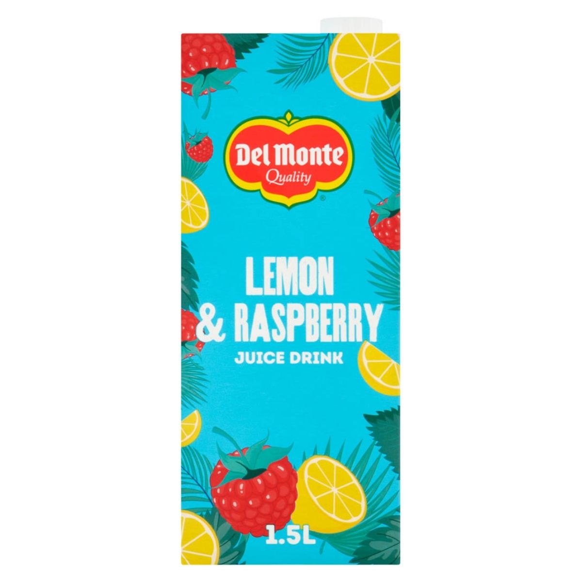 The 1.5L carton of Del Monte - Lemon & Raspberry Juice features vibrant fruit graphics set against a refreshing blue background, emphasizing its delightful lemon and raspberry flavors.