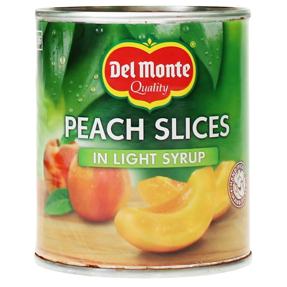 A can of Del Monte Quality Peach Slices in Light Syrup, featuring a green label with a red and yellow Del Monte logo and images of fresh peaches and peach slices.