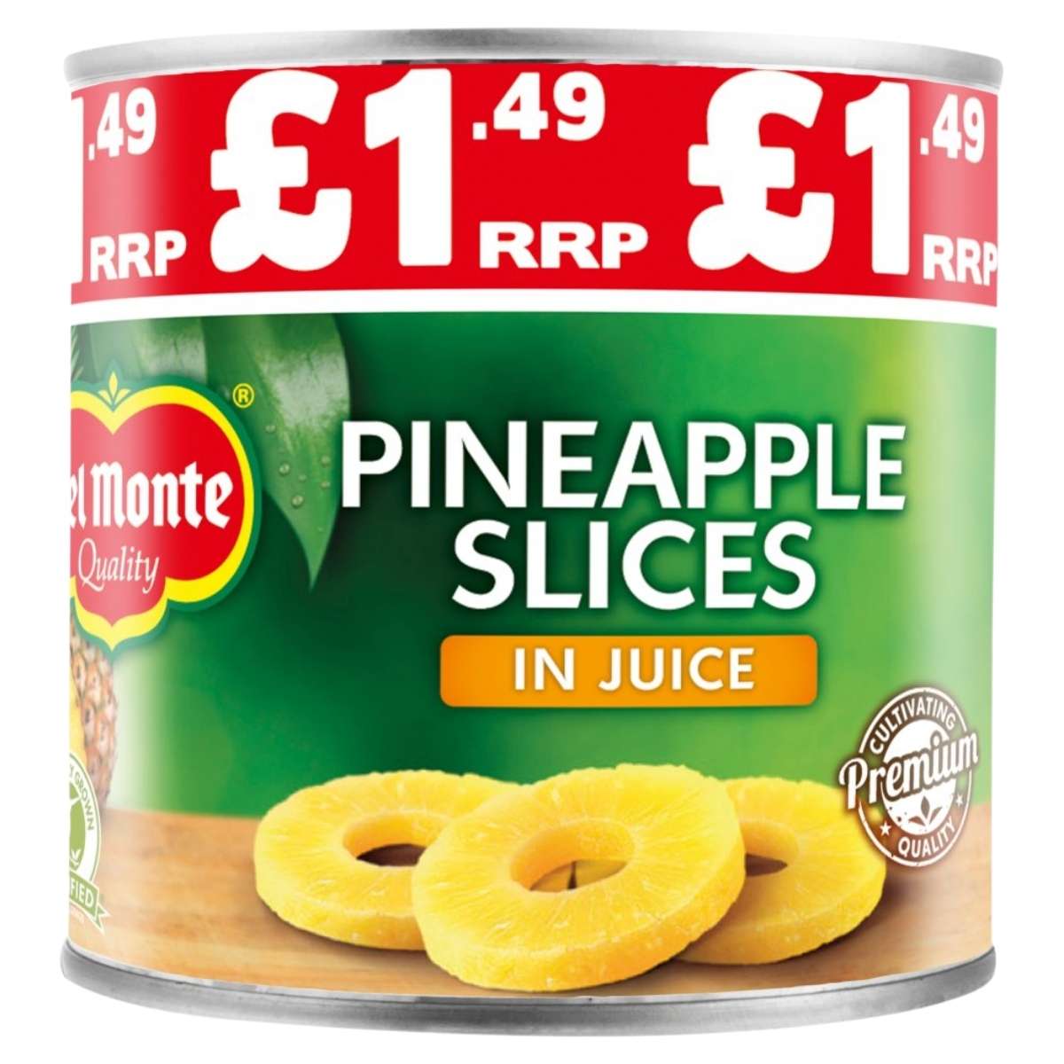 Can of Del Monte pineapple slices in juice with a red label showing price and branding.