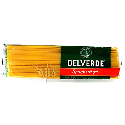 A 400g package of Del Verde Spaghetti features visible yellow Italian spaghetti inside, with a green and red label and a wheat graphic on the packaging.