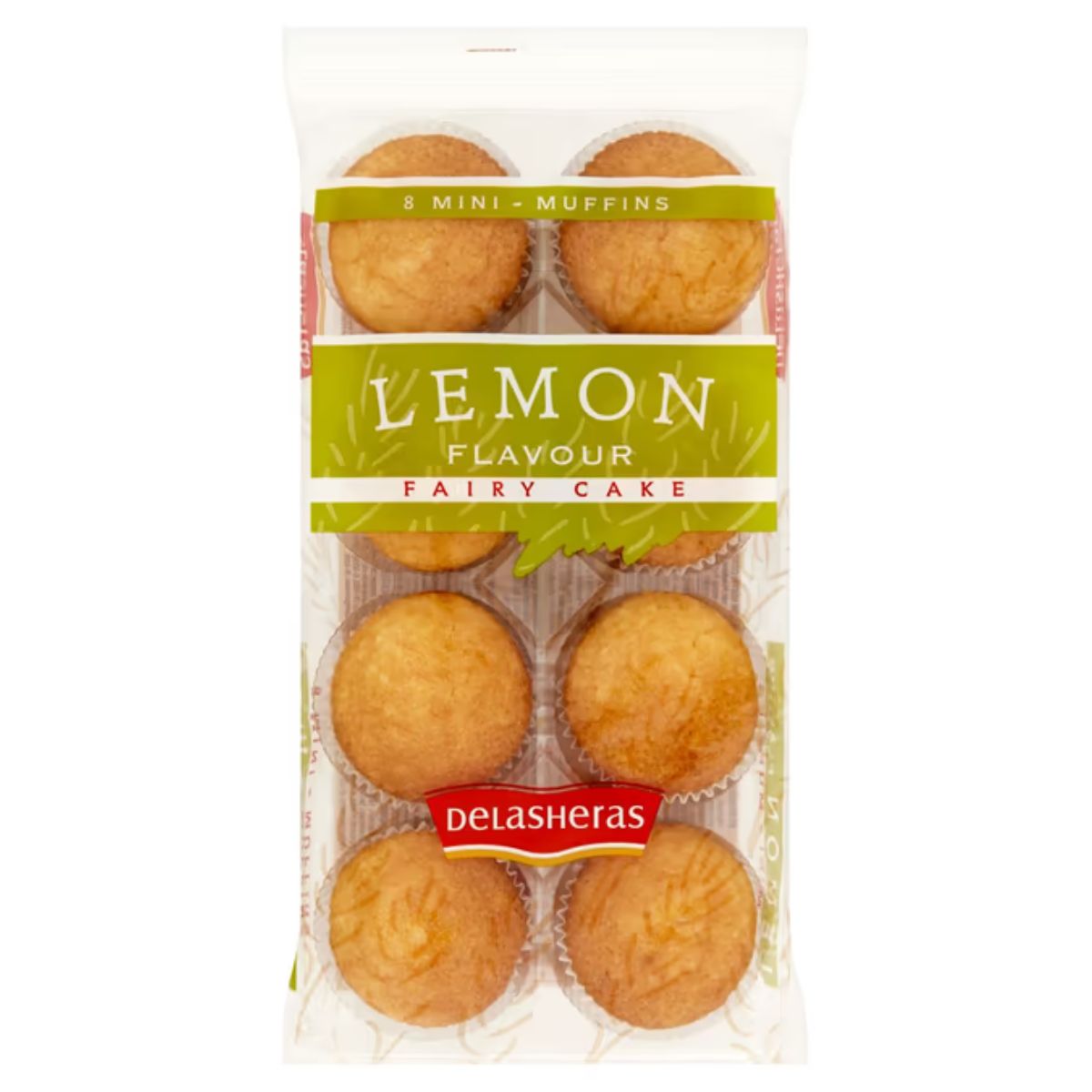 A pack of Delasheras Lemon Fairy Cakes, weighing 180g and containing eight mini lemon-flavored muffins in clear packaging.