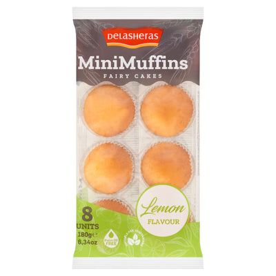 A clear plastic package of Delasheras Lemon Fairy Cakes, 180g, contains 8 mini cakes.