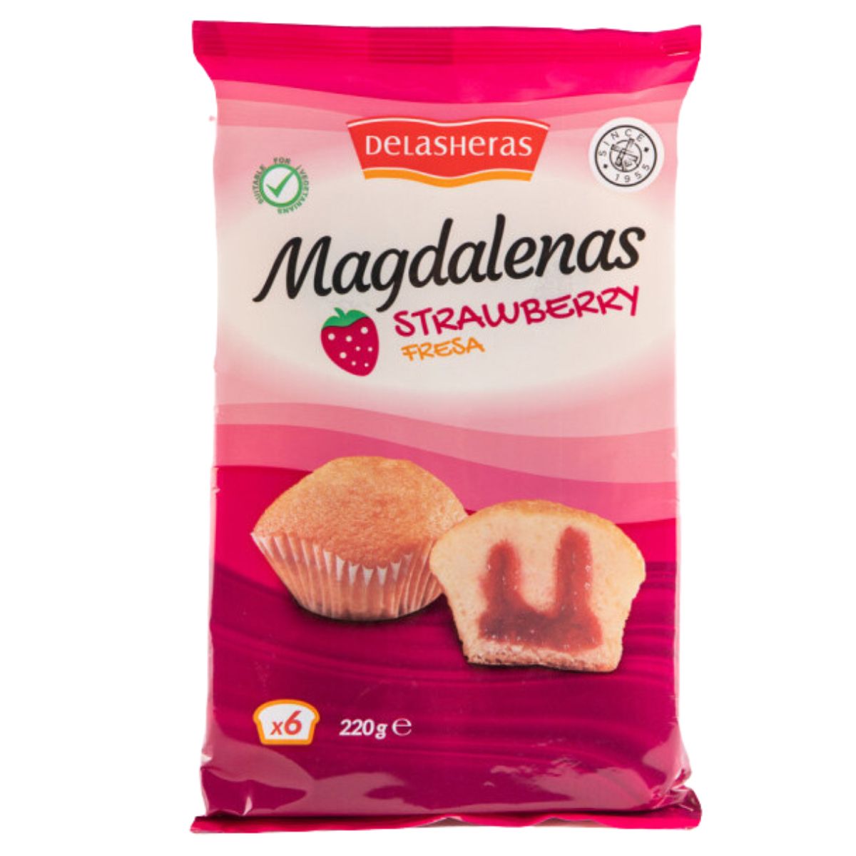 Pack of Delasheras - Magdalenas Strawberry Fresa, showcasing an image of both a whole muffin and a sliced one to reveal the strawberry filling inside. Total weight: 220g. Includes six muffins.