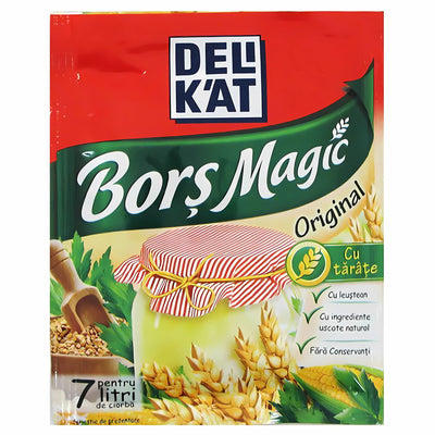 A 20g packet of DeliKat Bors Magic Original Tarate & Leustean soup seasoning, with grains and a jar on the packaging and Romanian text reflecting traditional flavors.