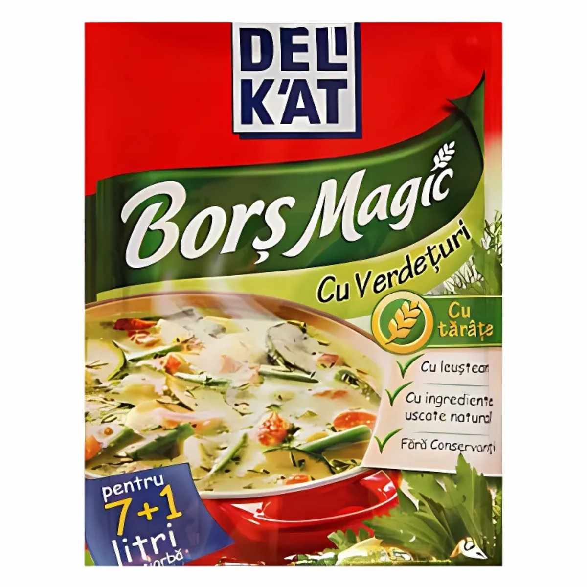 Deli Kat - Magic Borsch Condiment with Greens (65g) is a unique blend with herbs and natural dried ingredients, featuring soup imagery. It enhances meals, making 8 liters of delicious soup.