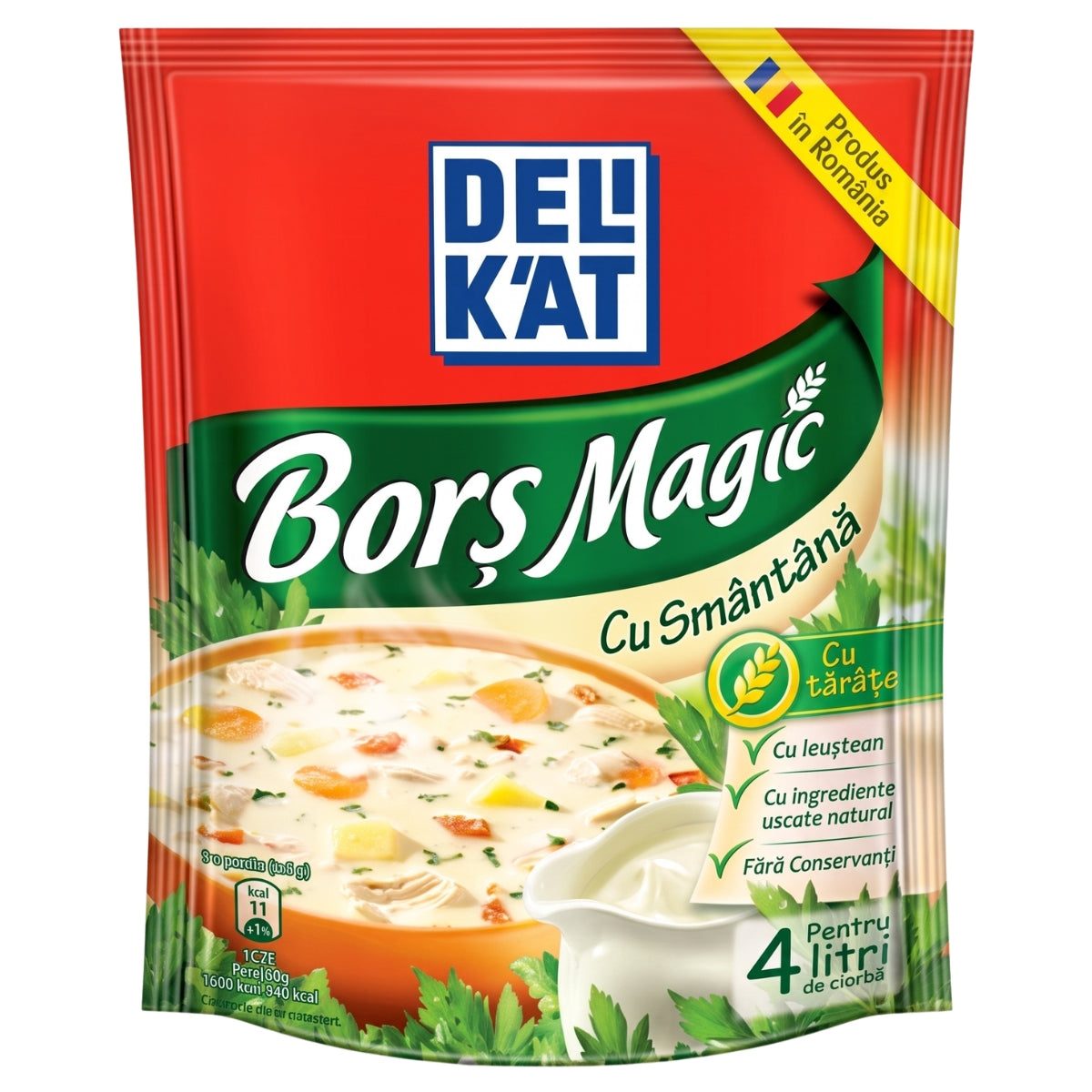 A package of Delikat Borş Magic with milk (Cu Smăntănă) prepared food seasoning, featuring a red and green design with a bowl of soup on the front.