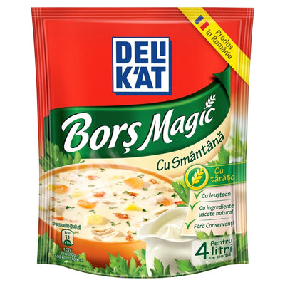 A package of Delikat Borş Magic with milk (Cu Smăntănă) prepared food seasoning, featuring a red and green design with a bowl of soup on the front.