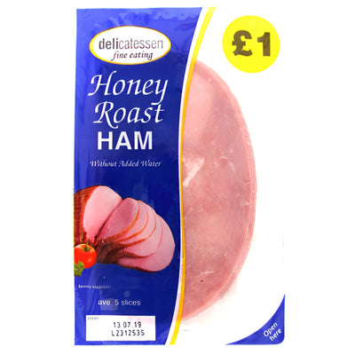 Delicatessen Fine Eating Honey Roast Ham, 5 slices (90g), comes in blue packaging featuring sliced ham. No added water. Priced at £1—ideal for a gourmet sandwich.