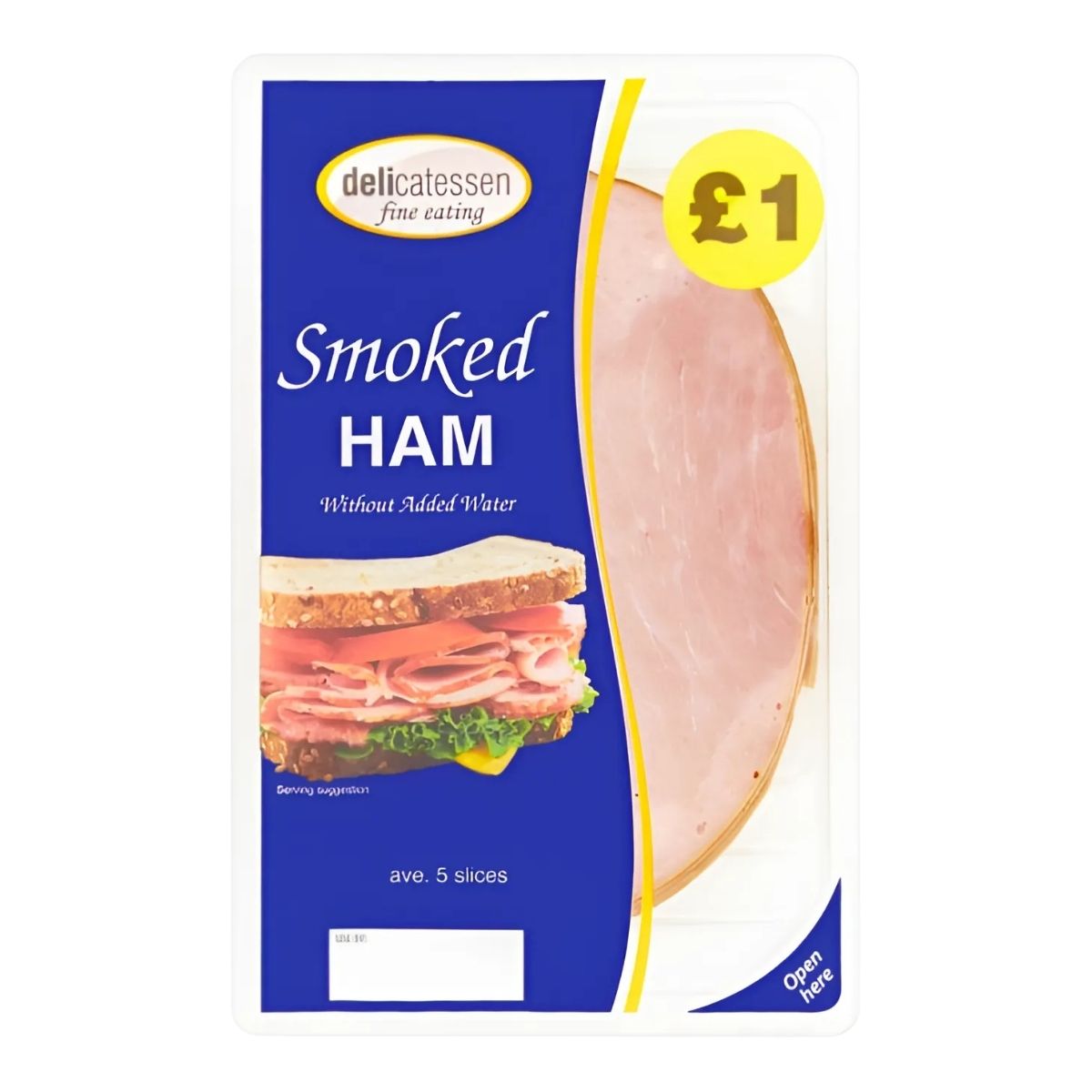 Package of Delicatessen - Fine Eating Smoked Ham (90g) showing a £1 price and around 5 slices, plus a serving suggestion image of a ham sandwich.