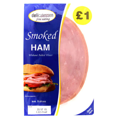 Delicatessen - Fine Eating Smoked Ham, 90g pack with five slices and £1 label, shown with a sandwich and expiry date 20/07/19—ideal for fine eating.