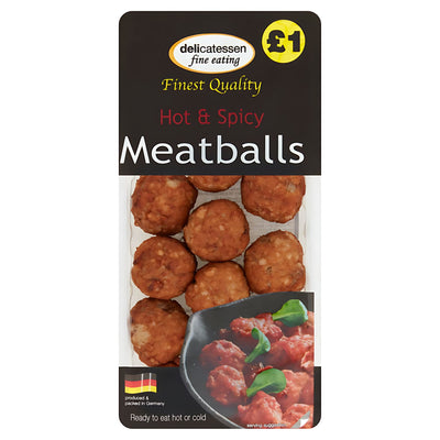 A 200g plastic tray of Delicatessen Hot & Spicy Meatballs, labeled “Finest Quality” and “£1”, with cooked meatballs pictured on the packaging.