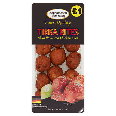 A 200g plastic tray of Delicatessen Tikka Bites, ready-to-eat chicken snacks with tikka flavor, shown with a serving suggestion image and a yellow £1 price label on the packaging.