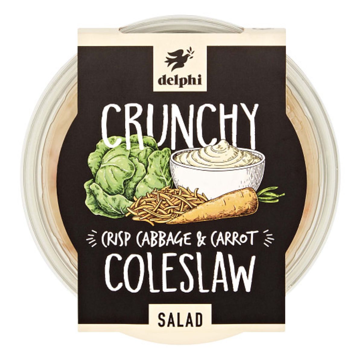 A container of Delphi - Crunchy Coleslaw Salad - 230g with illustrations of cabbage, carrots, and a bowl of salad on the label.